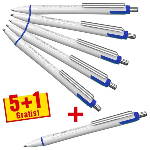 5 + 1 GRATIS: Schneider Kugelschreiber Slider Xite weiß, Schreibfarbe: blau, 5 St. + GRATIS 1 St.