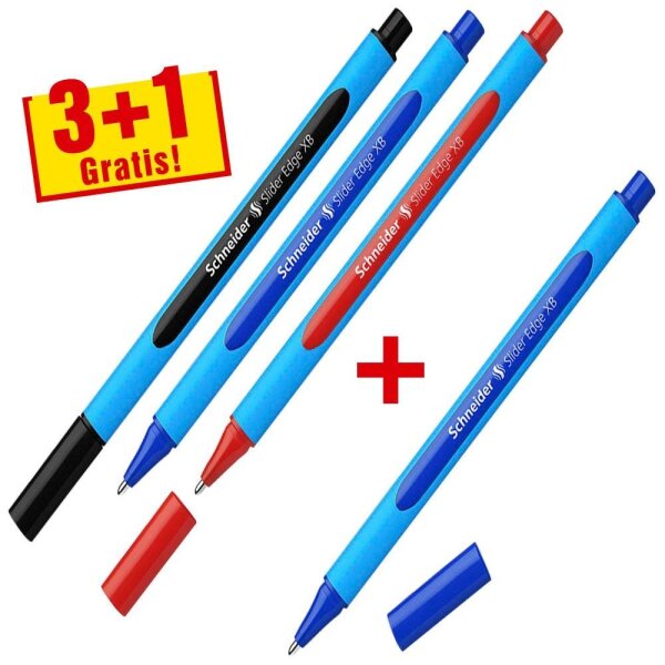3 + 1 GRATIS: Schneider Kugelschreiber Slider Edge hellblau, Schreibfarbe: farbsortiert, 3 St. + GRATIS 1 St.